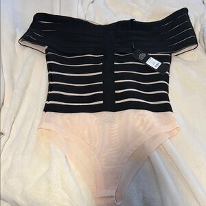 Fashion Nova Black and Beige Off-Shoulder Bodysuit